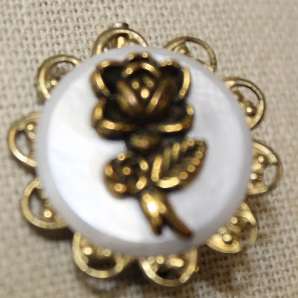 Brooch Rose Filigree Mother of Pearl Gold White Vintage Style Pin 1 Inch Small